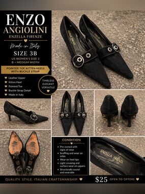 Enzo Angiolini Black Suede Pointed-Toe Kitten Heels with Buckle